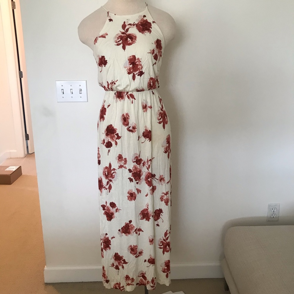 Cream and Red Rose Maxi Dress. Small.